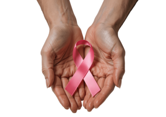 Pink ribbon held in open hands isolated on transparent background