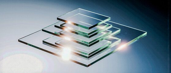 Glassy transparent geometric panels stacked in three dimensions with reflections and light streaks.
