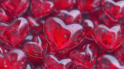 A romantic background filled with red glass hearts, perfect for conveying love, Valentine’s Day posts, and heartfelt messages.
