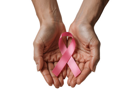 Pink ribbon held in hands isolated on transparent background - Powered by Adobe