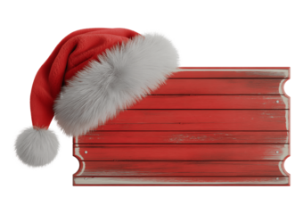 Santa hat on red striped gift box isolated on transparent background