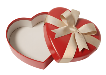 Open red heart shaped gift box with golden ribbon isolated on transparent background