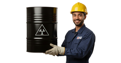 Safety conscious worker handling hazardous waste barrel with care and a friendly smile