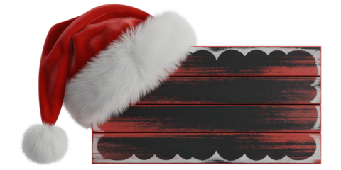 Santa hat resting on a rustic wooden sign isolated on transparent background