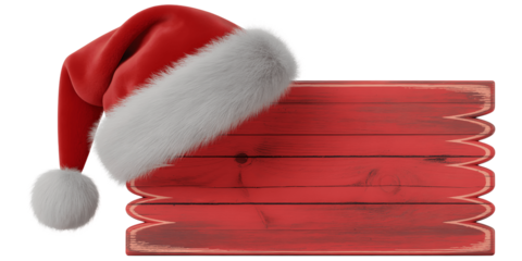 Red santa hat resting on wooden christmas sign isolated on transparent background