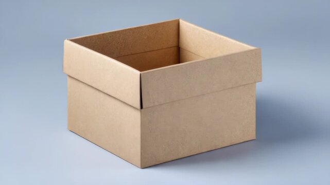 Open Brown Cardboard Box on Light Blue Background in Studio Lighting Displaying Packaging Material and Interior Design Elements of Empty Receptacle