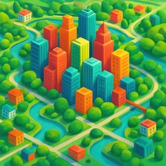Fototapeta premium Vibrant Urban Landscape: A Colorful Metropolis Nestled Among Verdant Nature