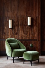Green chair and ottoman with wooden wall in modern room during daytime, showing interior design elements for relaxation and comfort