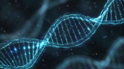 Digital DNA double helix. Glowing DNA double helix rotating. Molecular genetic structure made of blue particles. Biotechnology, genomics, and medical research concept. - Powered by Adobe