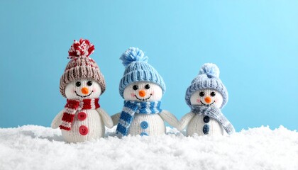 Three cheerful snowmen in colorful winter hats and scarves holding hands on snowy surface, blue background.