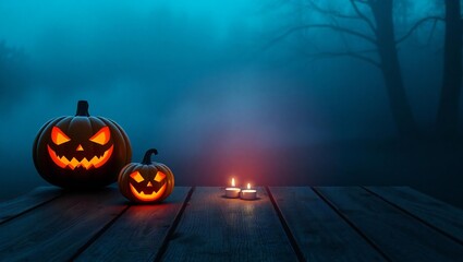 Spooky halloween scene with glowing jack-o'-lanterns and candles in a mystical forest at night white background