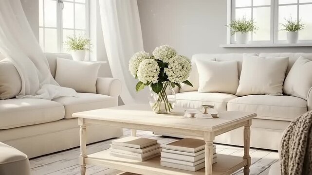 Bright and airy living room with comfortable sofas and a coffee table.