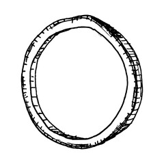 Black and white vector illustration of a single onion ring with textured outer layers. Detailed line work makes it suitable for ingredient sets, burger graphics, salad themes and pizza toppings