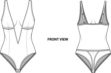 Technical flat sketch of women’s bodysuits, front view, fashion illustration, garment template, apparel vector, contour seam details, neckline variations