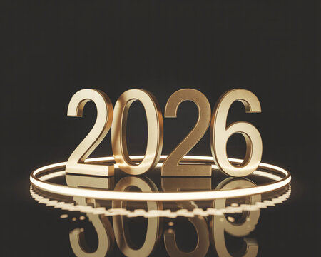 Golden 2026 digits floating above illuminated ring on reflective surface year new year