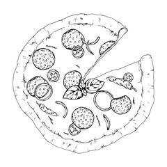 Vector illustration of a pizza topped with salami slices, pepper pieces, basil leaves and onion rings. Detailed line work suits menus, Italian cuisine themes, recipe layouts and food packaging designs