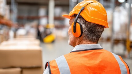 Warehouse Worker Wearing Safety Gear and Looking Away