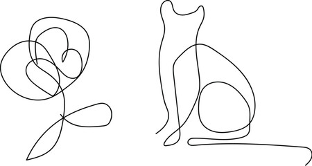 Continuous line art cat silhouette drawing. A minimalist illustration of a cat rendered in a single, unbroken line art style, showcasing elegance and simplicity.