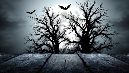 Spooky silhouette of gnarled bare trees against a full moon with flying bats white background