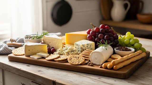 Artisan Cheese Platter with Grapes and Crackers