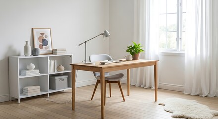 Bright and airy home office with wooden desk and bookshelf.