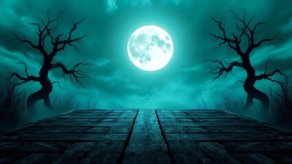 Eerie full moon over haunted forest with twisted trees and wooden platform in mystical teal hues white background