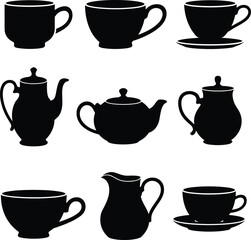 Coffee and Tea Pots, Cups, and Pitchers Silhouette Icon Set, Hot Drink Utensils Vector Graphic Illustration Collection, Black and White Kitchen Cafe Symbols