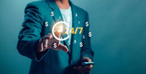 Businessman touching glowing 24/7 clock and dollar icons, symbolizing nonstop online income, digital finance, passive revenue and modern financial technology for continuous money making opportunities