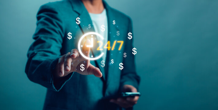 Businessman touching glowing 24/7 clock and dollar icons, symbolizing nonstop online income, digital finance, passive revenue and modern financial technology for continuous money making opportunities