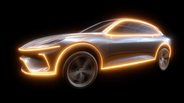 Neon orange exploded SUV frame with floating detached panels, showcasing a futuristic design and dynamic structure, emphasizing innovation and modern automotive aesthetics