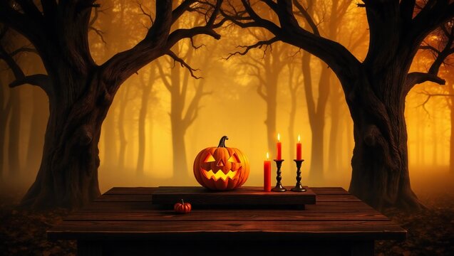 Spooky halloween scene with jack-o-lantern and candles amidst eerie trees and fog white background - Powered by Adobe
