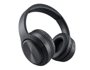 Pair of 3D studio headphones with angled perspective bundle isolated on transparent background PNG