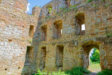 Sandstone masonry of Straufhain Castle Ruins in Thuringia Germany, detailed texture of historic walls showing weathered stone structure.