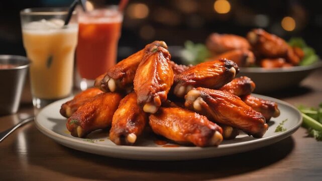 Delicious plate of roasted and grilled chicken wings with sauce for a savory meat meal