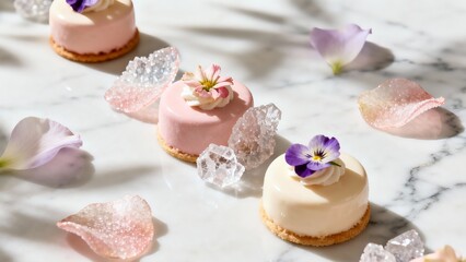 Elegant Mini Mousse Cakes with Edible Flowers, Crystals, and Marble Background