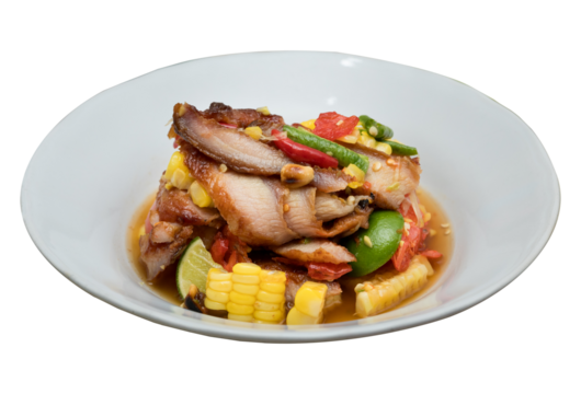 Thai spicy grilled pork neck salad mixed with sweet corn, featuring tender slices of pork and vibrant flavors, isolated on a transparent background.