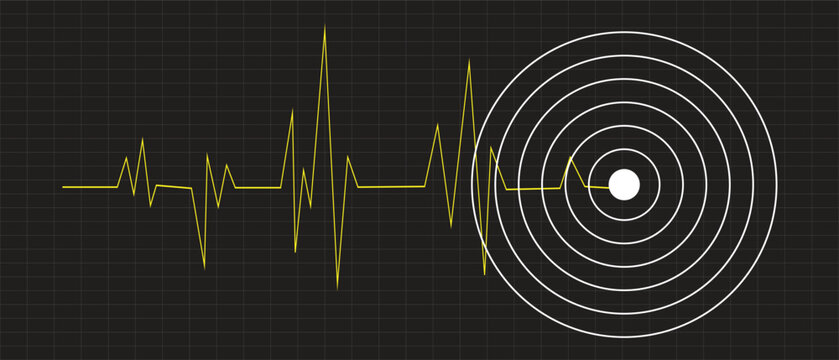 Earthquake Seismic Wave Illustration with Epicenter Circles and Pulse Signal Line &mdash; Seismograph Vibration, Disaster Alert, Earth Tremor Monitoring and Geology Concept