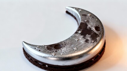 Futuristic Crescent Moon Mousse Cake with Silver Mirror Glaze and Stars
