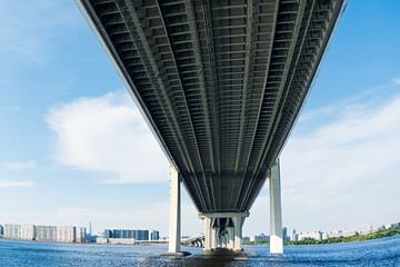 Cable stayed bridge spanning Saint Petersburg Neva river
