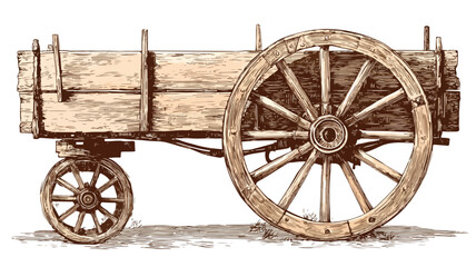 Vintage Wooden Wagon with Spoked Wheel in Detailed Drawing Style