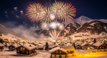 New Years Eve Fireworks Over Snowy Alpine Village.