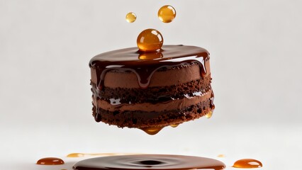 Levitating Piece of Dark Chocolate Dessert on a Light Background
