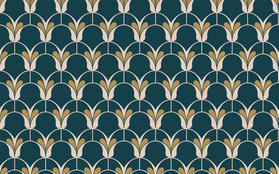 Art deco elegant scalloped pattern with gold and cream colors.