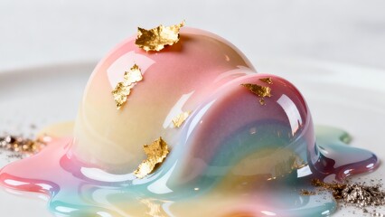 Close-up of Colorful, Glossy Dessert with Melting Shape and Glitter