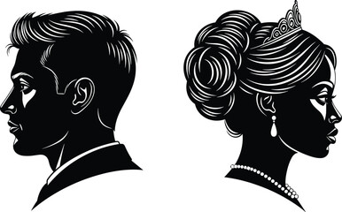 Elegant vector profile silhouettes of a formal man and a beautiful woman wearing a royal tiara and pearl necklace, representing luxury, royalty, and classic beauty concepts © Arman World