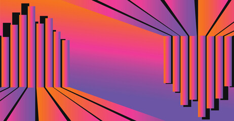 Abstract geometric composition featuring vertical bars and radiating lines with vibrant color gradients.