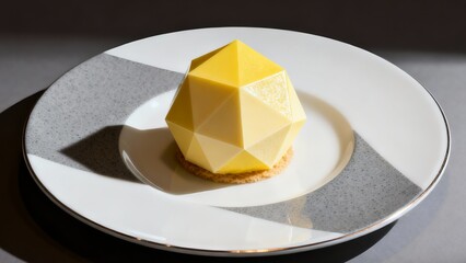 Modern Geometric Yellow Mousse Cake on Artistic Black and White Plate