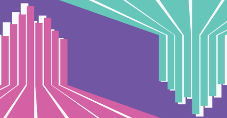 Abstract graphic with pink and teal lines converging on purple background.