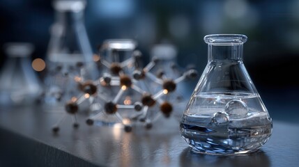 Laboratory setting with holographic molecular structures and glassware showcasing innovative research in science