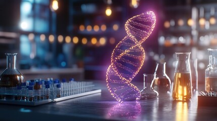 DNA helix projected in a laboratory setting illustrating genetic research and modern scientific exploration